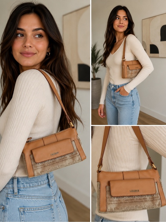 Calvin Klein Handbags - Rare Vintage‎ Calvin Klein Y2K Tan
Monogram Canvas Leather Shoulder Bag Baguette